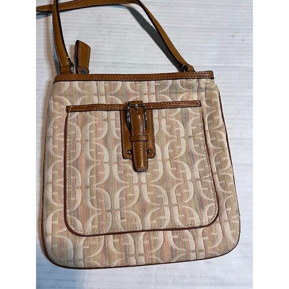 Fossil Small Crossbody Bag Beige Print Sporty Classic Style Leather Trim Purse - Picture 1 of 7